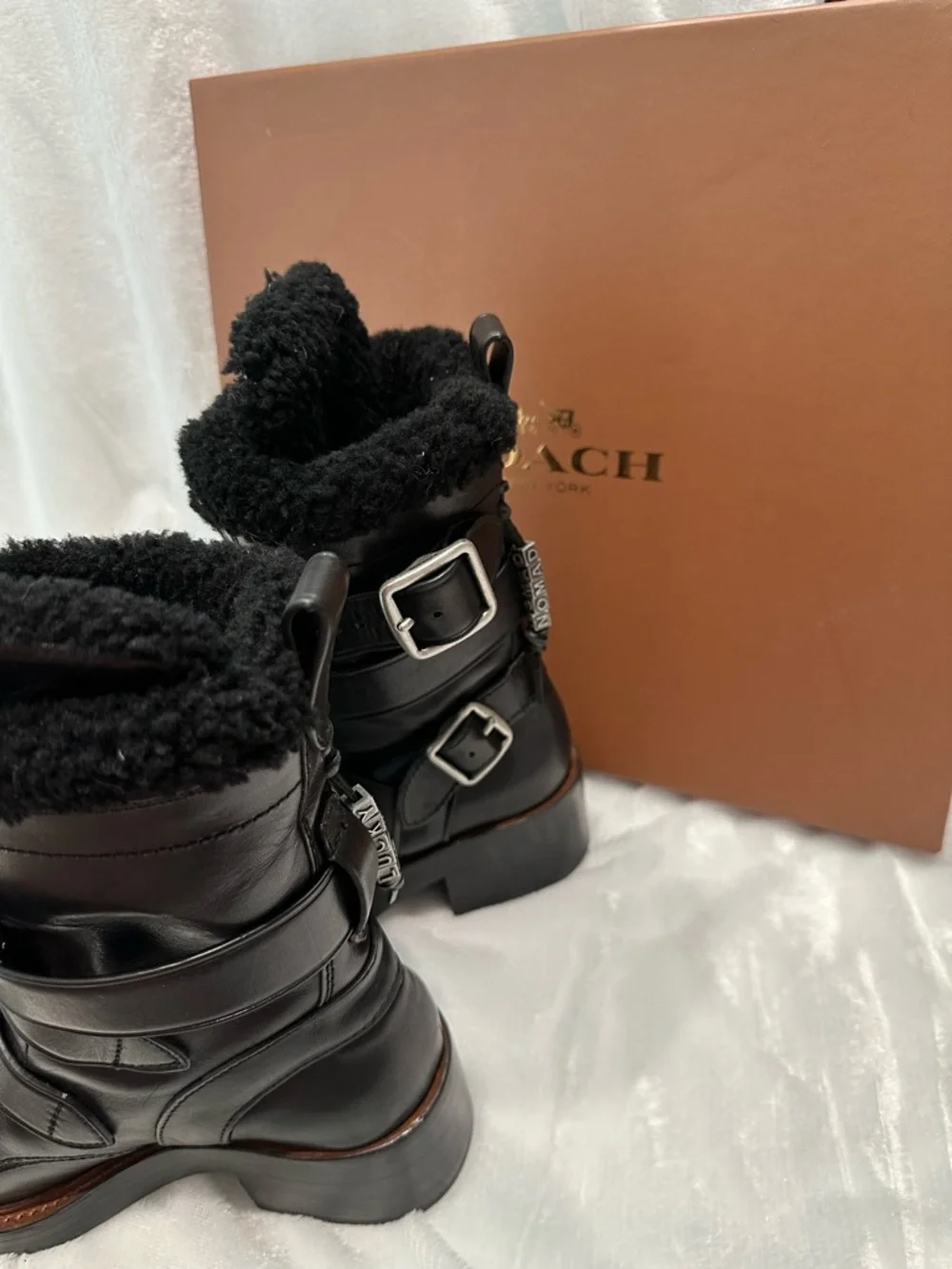 Coach Black Leather Shearling-Trim Buckle Moto Boot - Picture 3 of 6